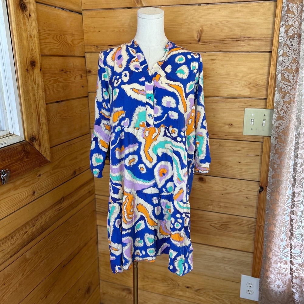Amour Orange Abstract Ikat Tiered Smock Dress Womens Medium Blue Orange Boho Ita